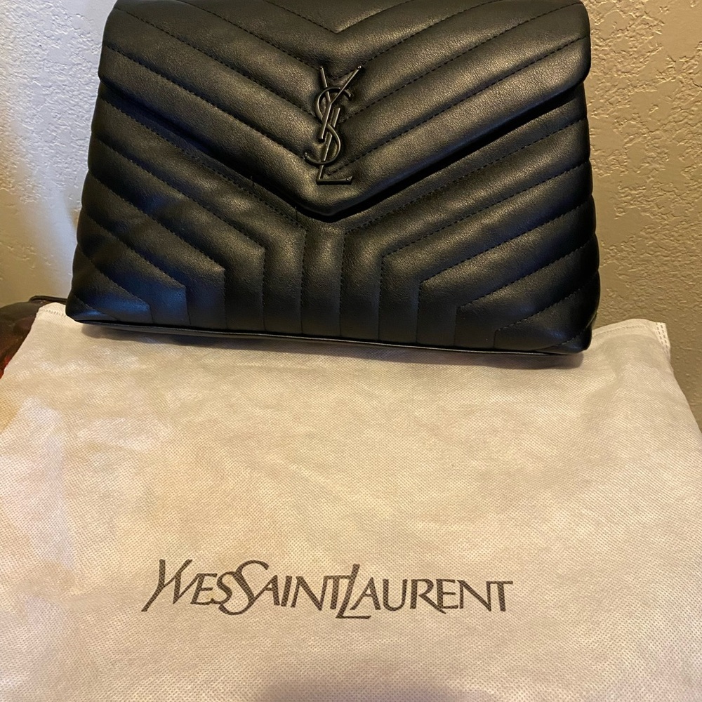 Saint Laurent Black Quilted Shoulder Bag with Chevron Pattern
